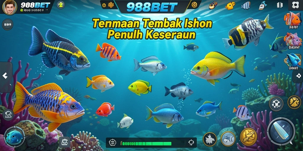 Menampilkan gambar gameplay seru di 988BET dengan aksi menembak ikan.