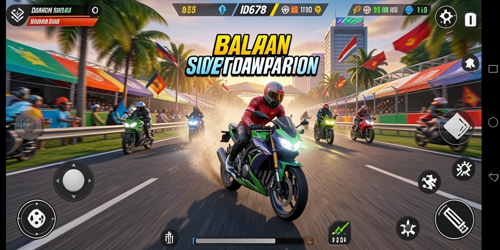 Tampilan gameplay menegangkan dalam balapan motor ID678.