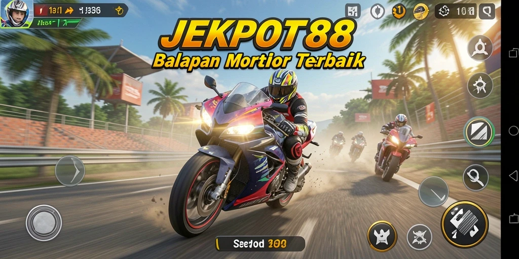Gameplay JEKPOT88 dengan motor balap yang cepat dan trek menantang.