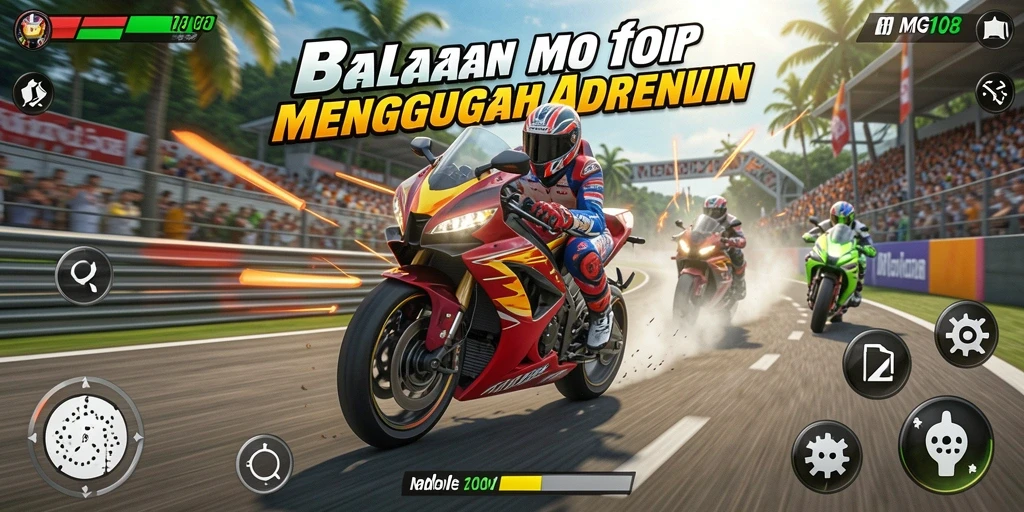 Screenshot MG108 menunjukkan aksi balap motor yang mendebarkan.