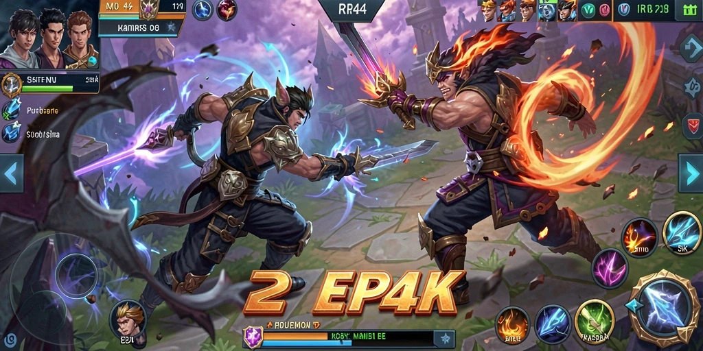Tangkapan layar utama RR44 menampilkan aksi intens dalam pertempuran MOBA.