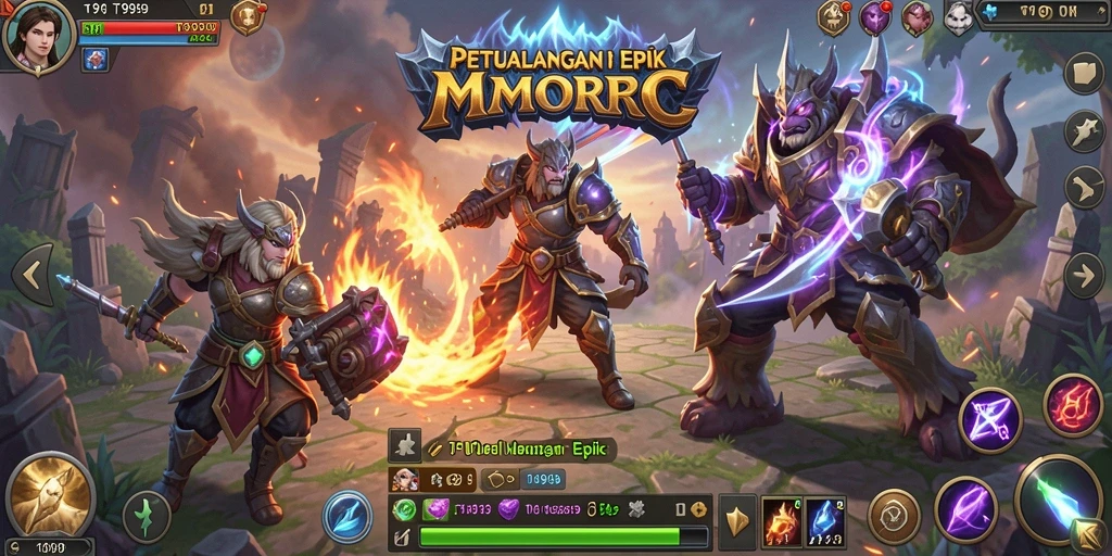 Tangkapan layar gameplay T9999 yang menampilkan pertarungan epik di dunia MMORPG.
